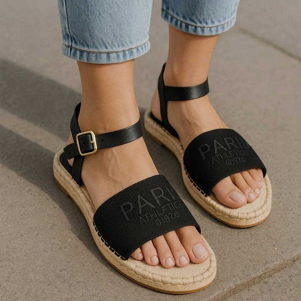 Black Platform Espadrille Sandals Paris Athletic Faux Leather Size 6
